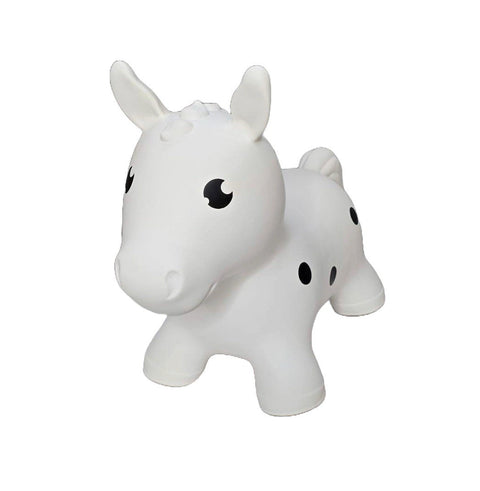 1. White horse-shaped hopper toy with black spots, designed for children, made from non-slip food-grade material, suitable for indoor and outdoor play, by Gerardo's Toys.