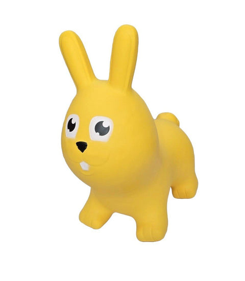 2. Yellow bunny-shaped hopper toy made from non-slip food-grade material, shown in a studio setting