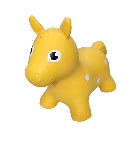 2. Yellow horse-shaped hopper toy with white spots made from non-slip food-grade material, suitable for children and adults, shown in studio setting