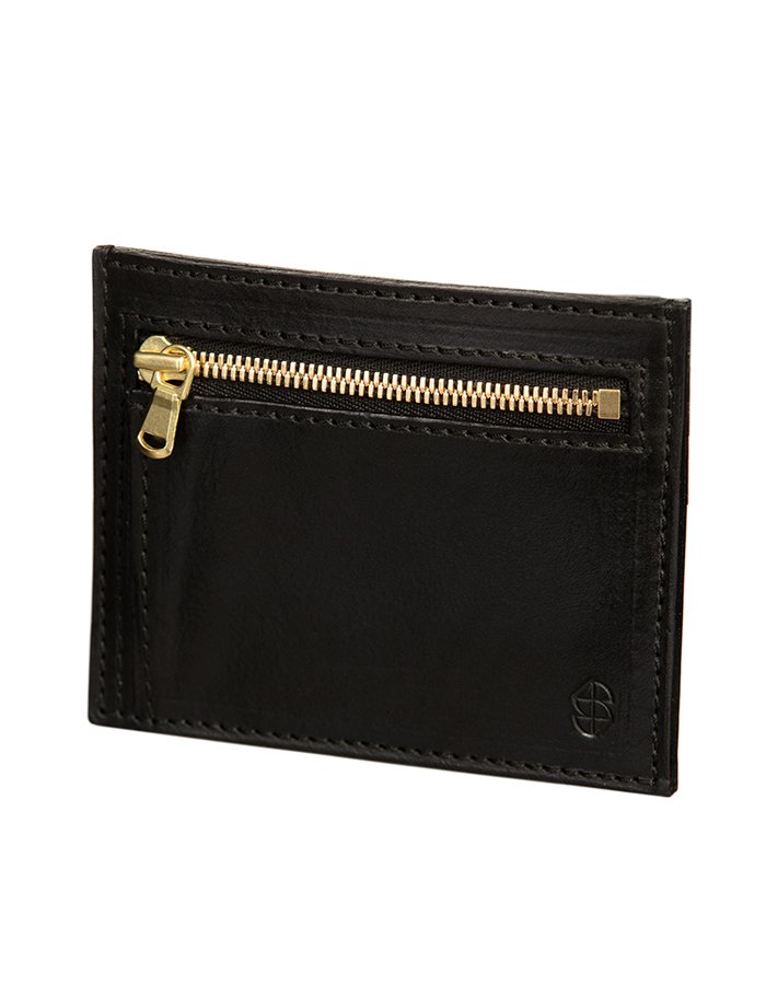 4. Black Stella Soomlais slim fit leather wallet with gold zipper detail on white background