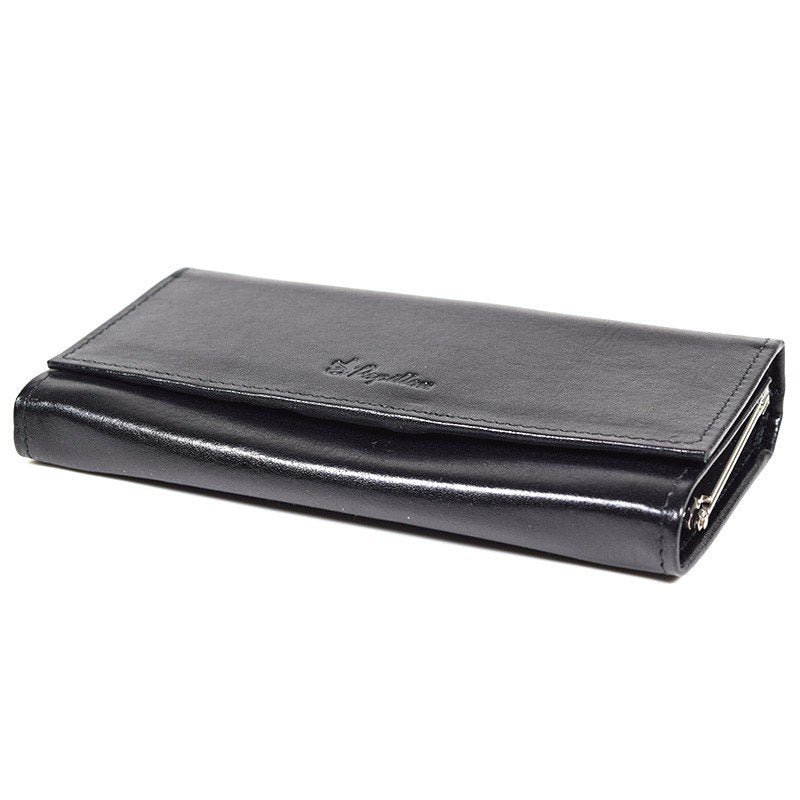7. Women's black leather wallet by Papillon, displayed closed in studio