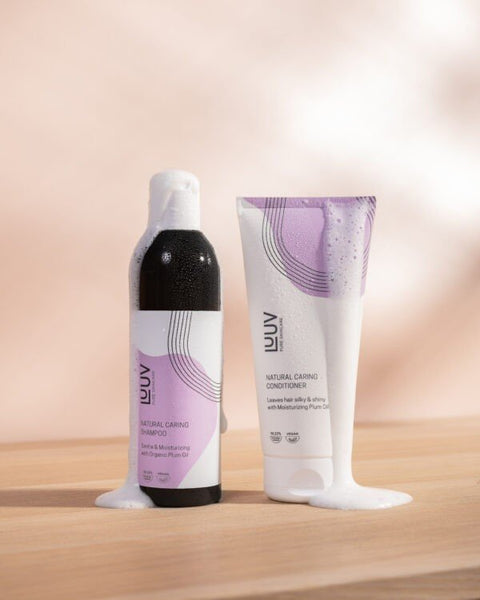 2. LUUV Natural Nourishing Conditioner and Shampoo set with Plum Oil, 200 ml, displayed with foamy texture