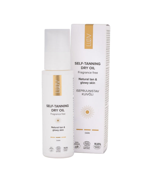 1. LUUV Natural Self Tanning Dry Oil Dark, 100ml bottle with packaging, fragrance-free for natural tan and glowy skin