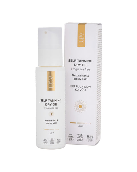 4. LUUV Natural Self Tanning Dry Oil Light 100ml bottle with packaging, featuring ECOCERT/COSMOS certification