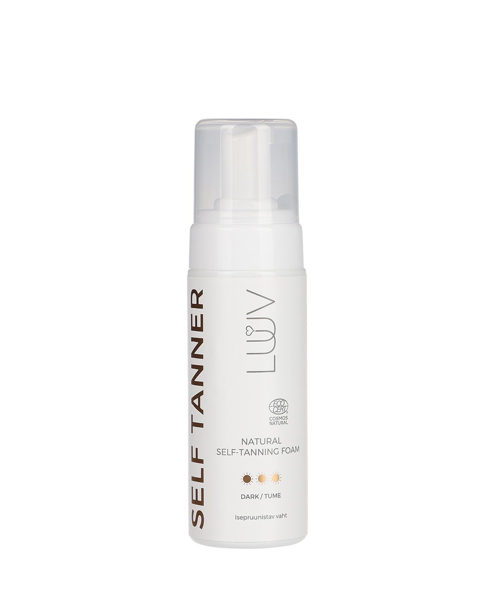 4. Studio image of LUUV Natural Self Tanning Foam Dark bottle, 150ml