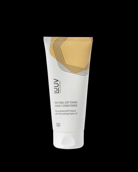 2. Studio image of LUUV Natural Softening Honey Conditioner, 200ml, with product details on black background