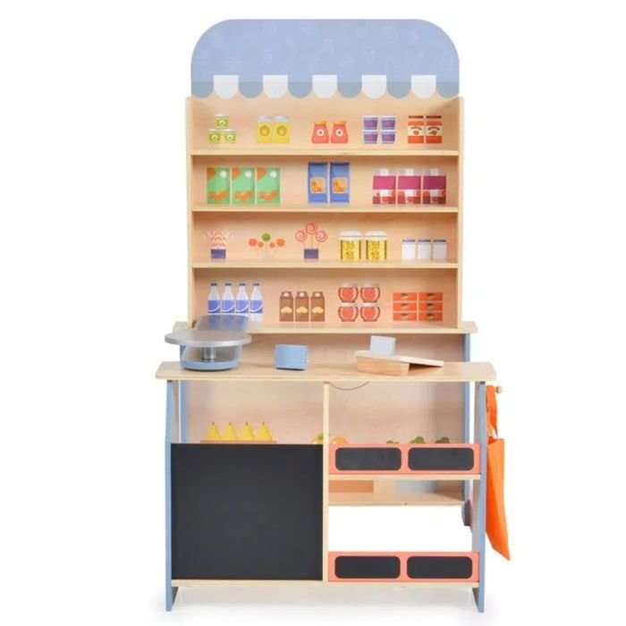 2. Front view of wooden supermarket playset with cash register, scale, and colorful product illustrations on shelves, by Gerardo's Toys