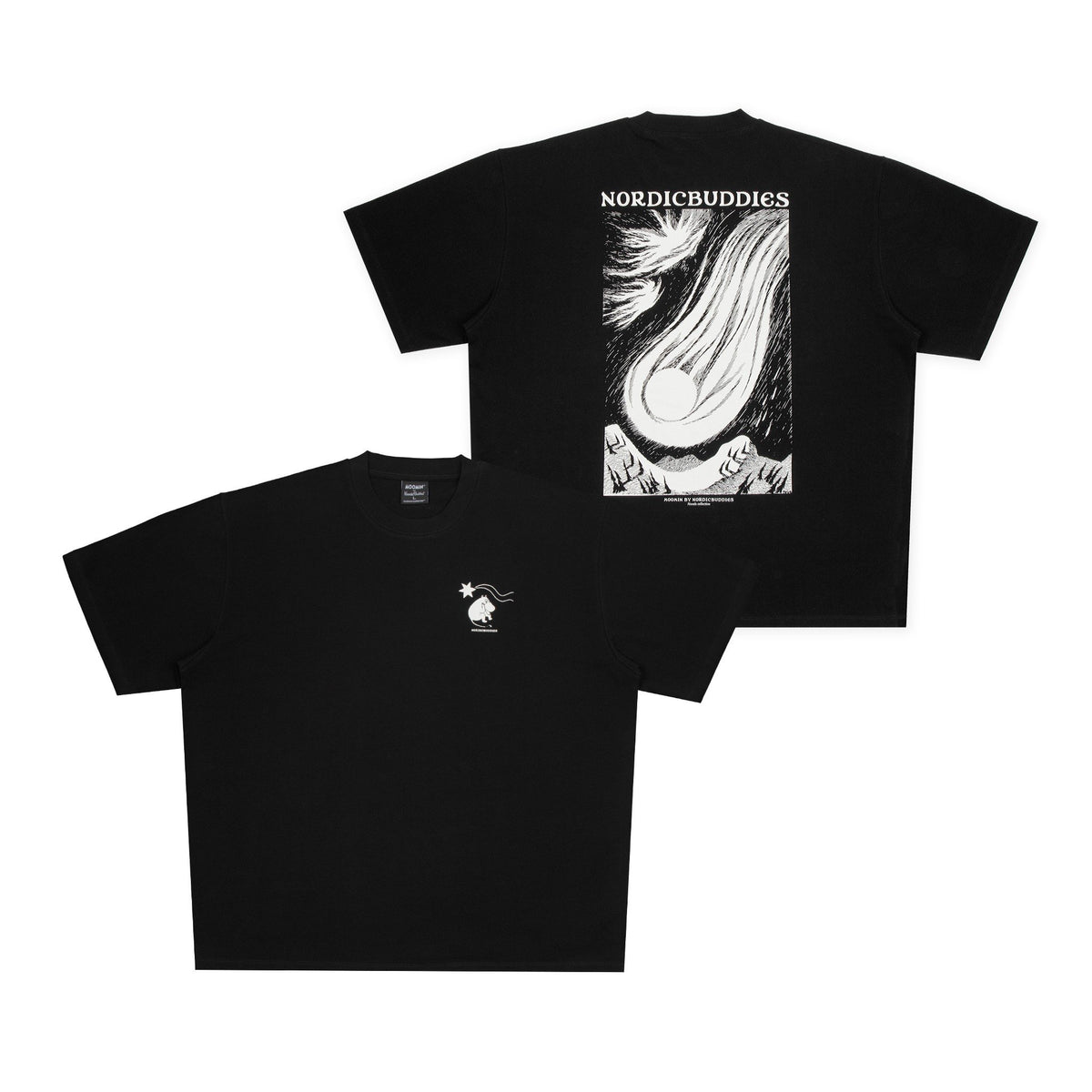 8. Black Moomin t-shirt showing both front and back designs in studio