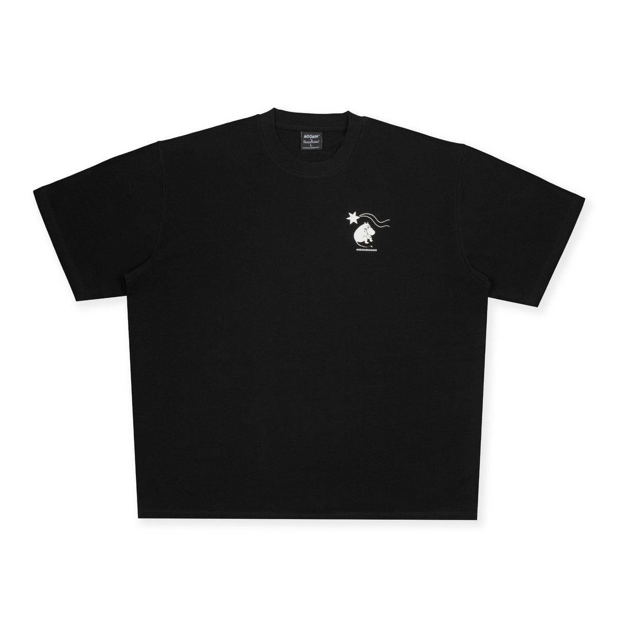 7. Front view of black Moomin t-shirt with subtle logo in studio