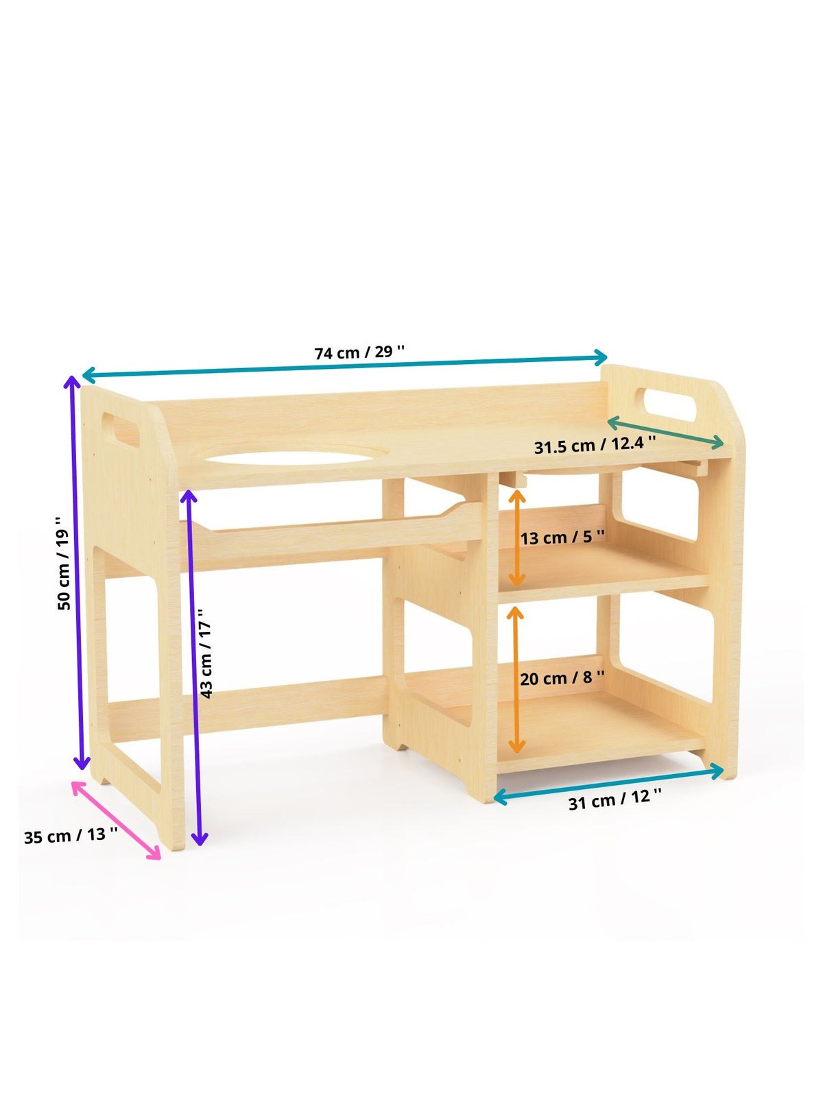 13. Size chart for Montessori washbasin showing dimensions in centimeters