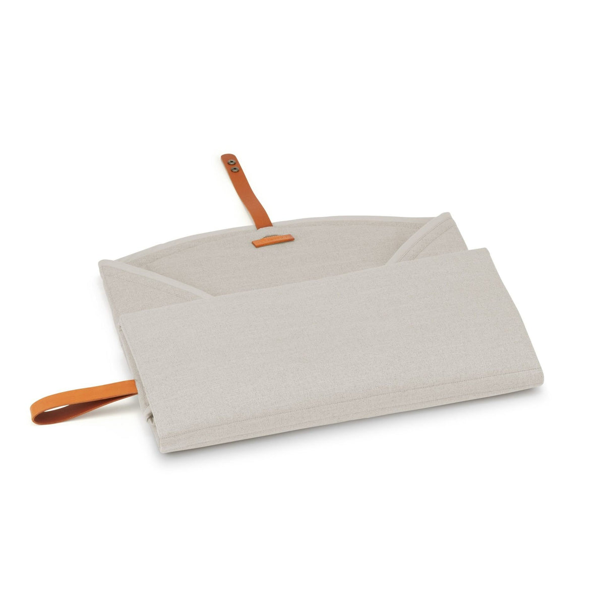 3. Partially unfolded beige Okka travel mat with brown leather strap on white background