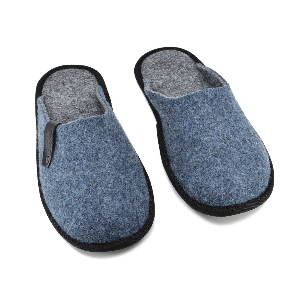 2. Top view of Navi unisex blue slippers by OmaKing, showcasing slip-on design and felt material