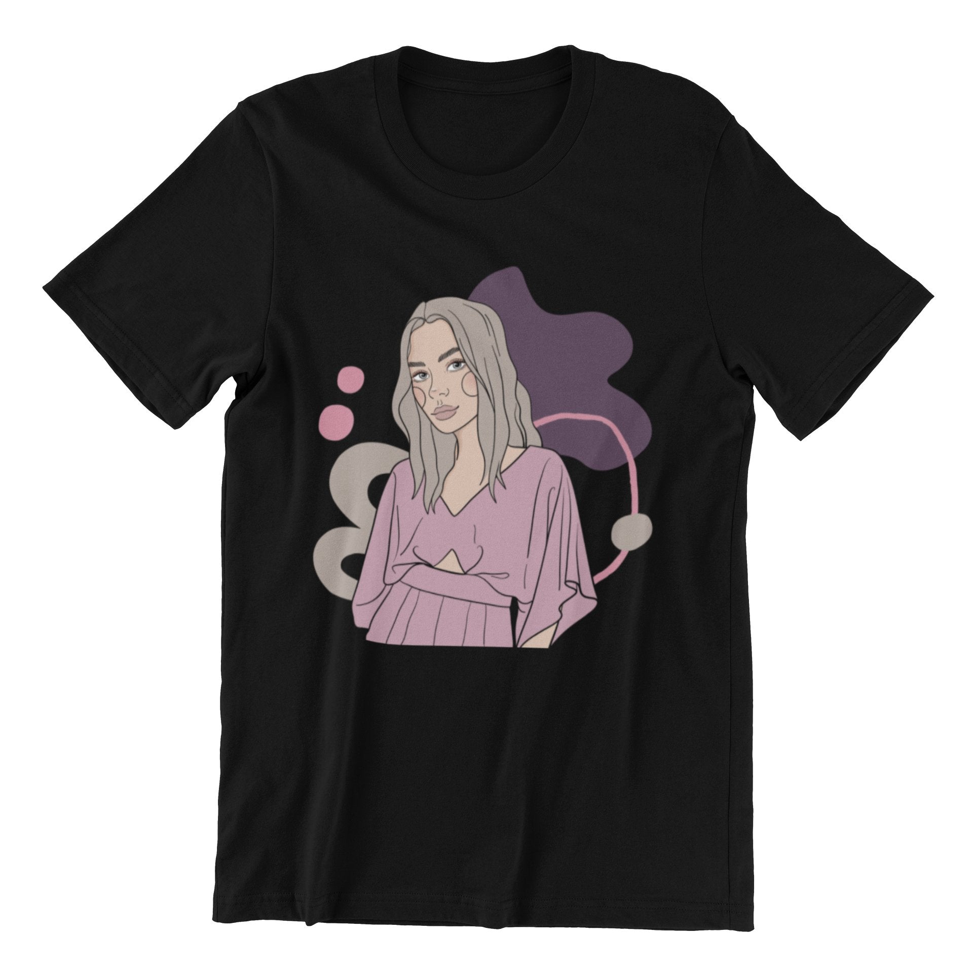 1. Unisex black organic cotton t-shirt with illustration by Getter Tiivits, featuring a woman in a pink top, shown in studio setting