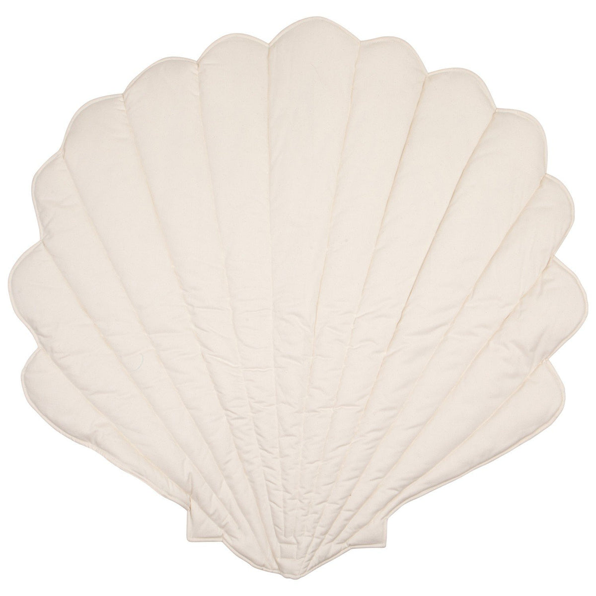 2. White shell-shaped playmat made from organic cotton and linen, displayed on a white background showcasing its quilted texture