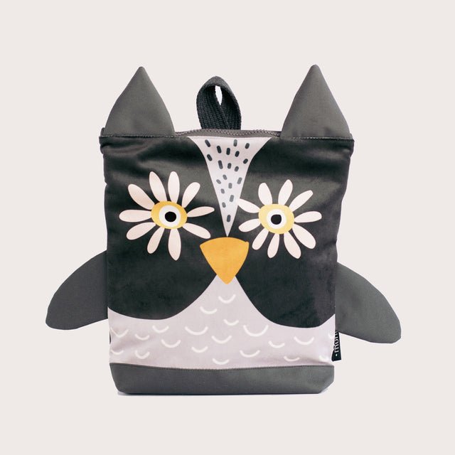 8. Studio shot of Muni kids owl backpack with owl design on neutral background