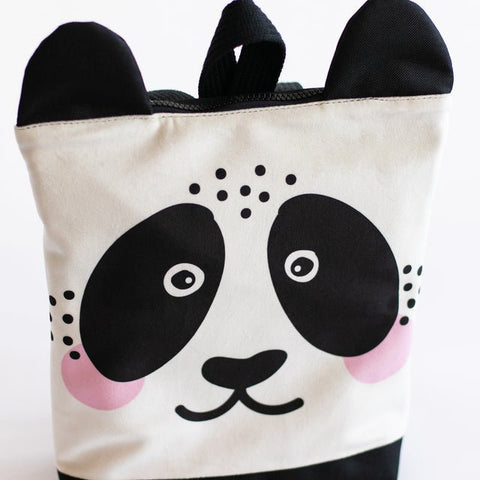 5. Close-up of Muni Panda backpack face design with velvet fabric and black ears