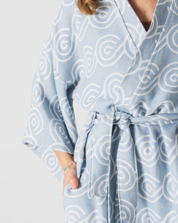 3. Close-up of Patulove blue bamboo kimono showing belt and pocket detail