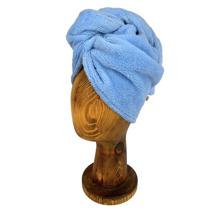 2. Blue bamboo-cotton hair turban on wooden mannequin head