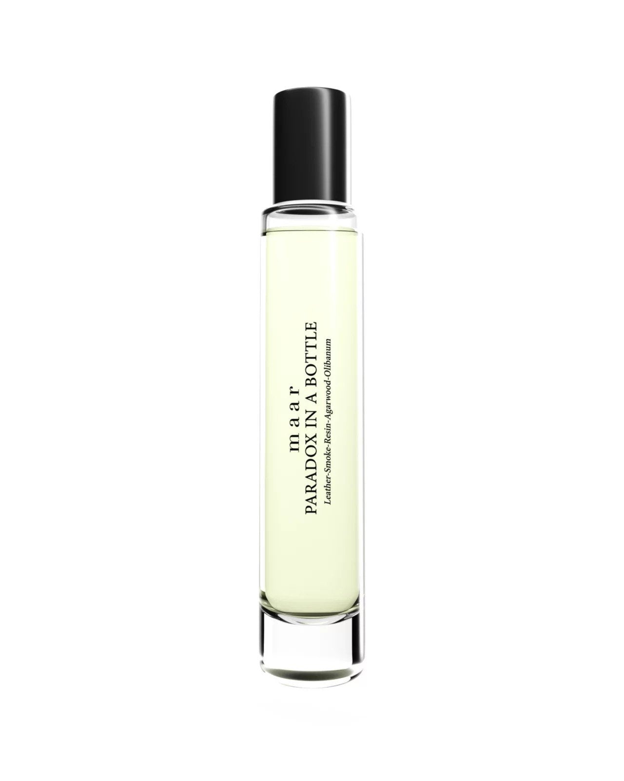 1. maar Paradox In A Bottle perfume oil in clear glass roll-on bottle with black cap, 10ml, studio shot