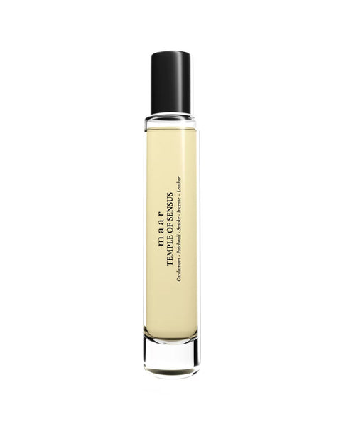 1. maar Temple Of Sensus perfume oil in clear glass bottle with black cap, 10ml, studio shot