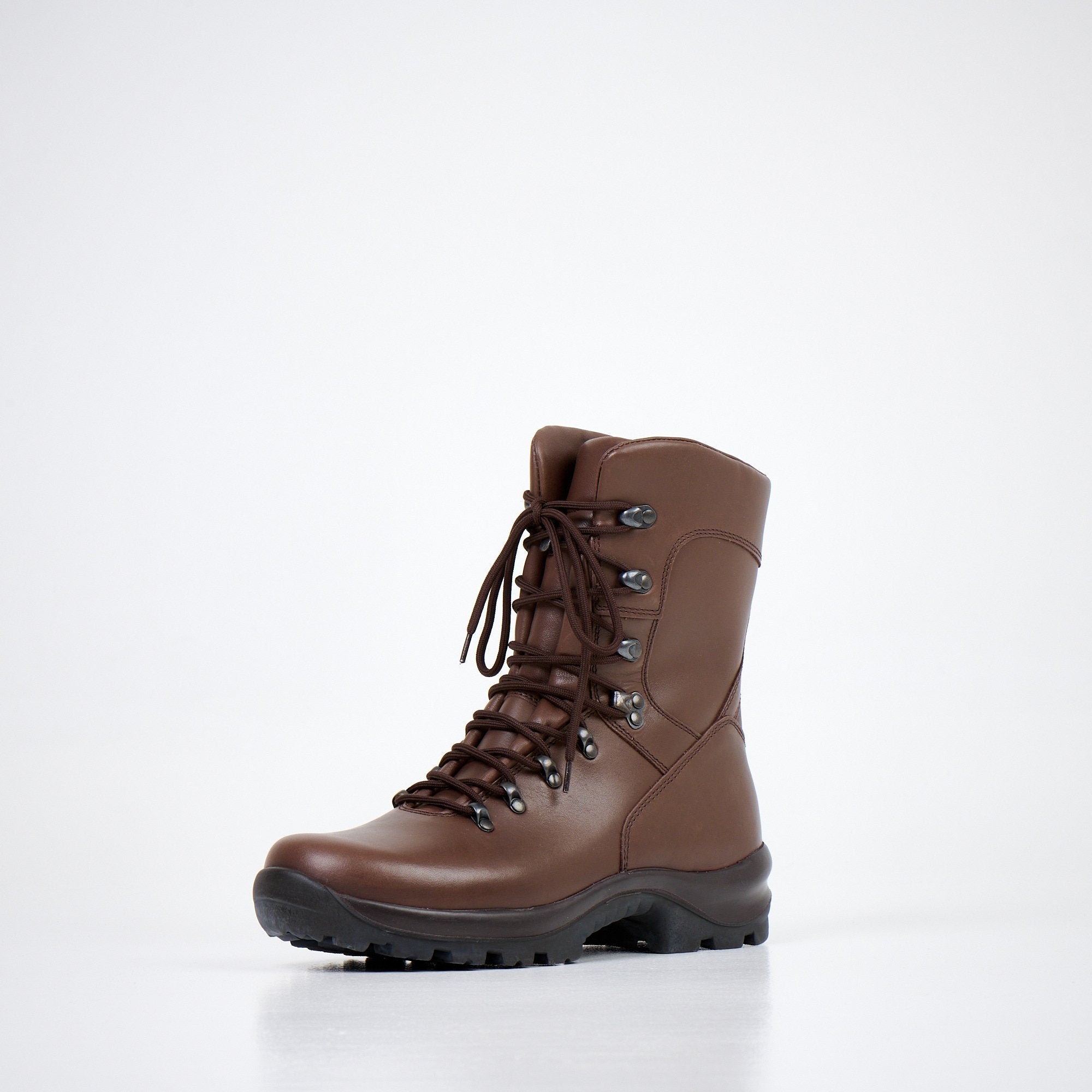 1. Unisex dark brown military boots by Samelin, side view in studio setting