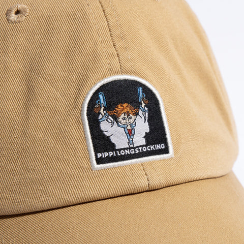 4. Close-up of Pippi Longstocking patch on sand-colored dad cap by Moomin
