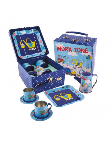 2. Floss & Rock kids' tea set with construction theme, featuring cups, saucers, jug, and tray in blue with work zone design, displayed in an open box with handle
