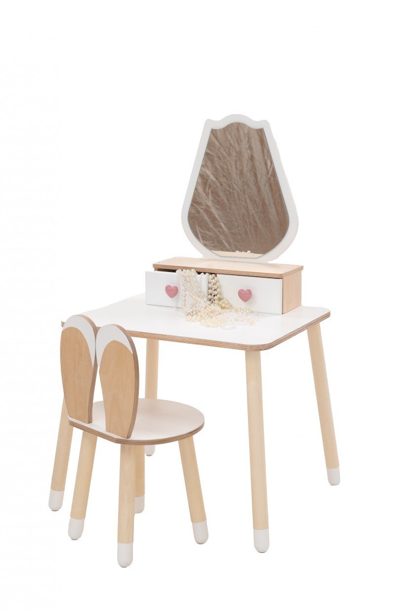 2. White princess beauty table with matching chair, featuring a tulip-shaped mirror and heart-shaped drawer knobs.