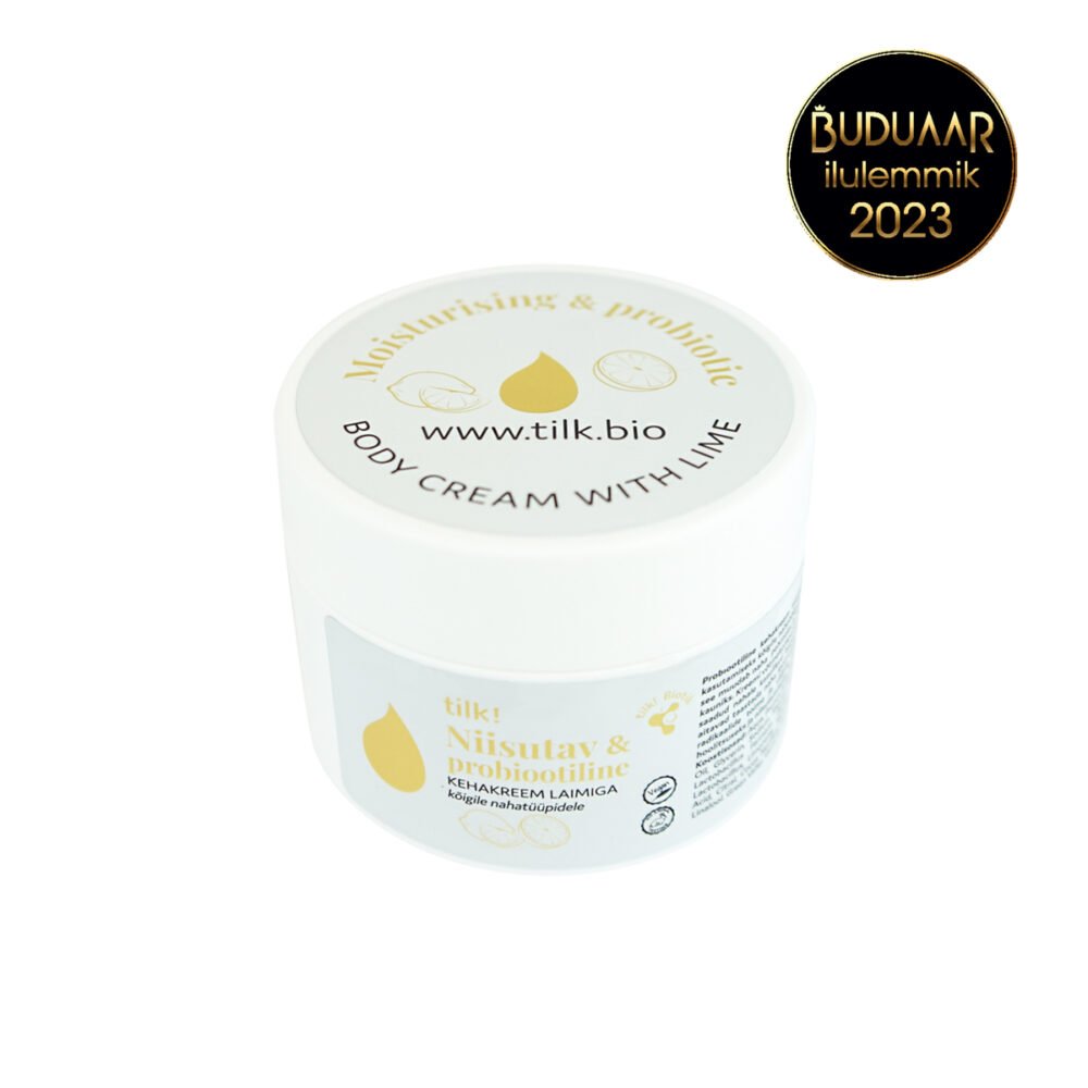 2. Award-winning Tilk! Moisturising Probiotic Body Cream with Lime, 200ml jar, studio shot with Buduaar 2023 badge