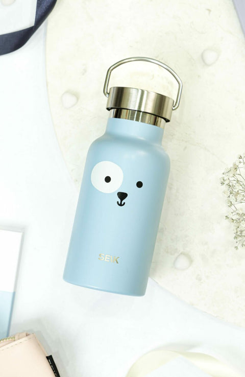 2. SEIK blue puppy-themed thermos bottle, 350ml, shown on a marble surface