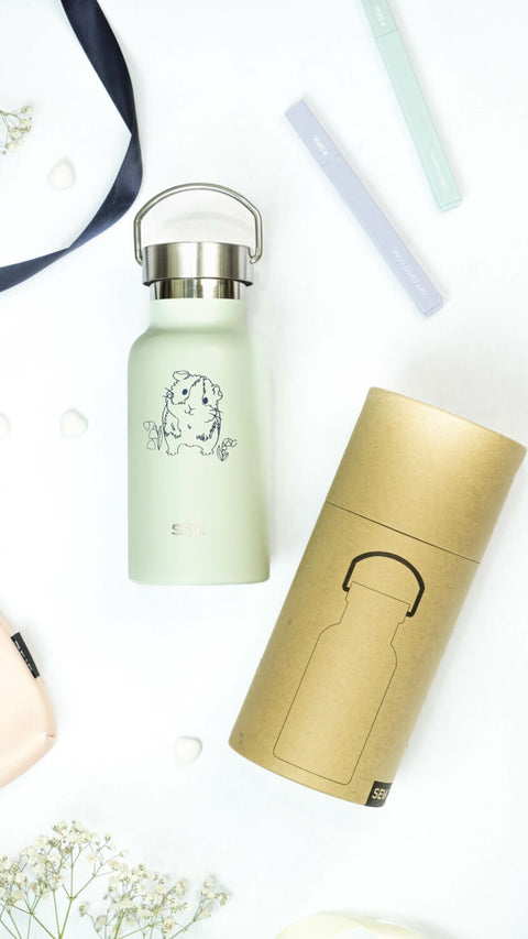 3. SEIK light green stainless steel water bottle with packaging, featuring guinea pig design