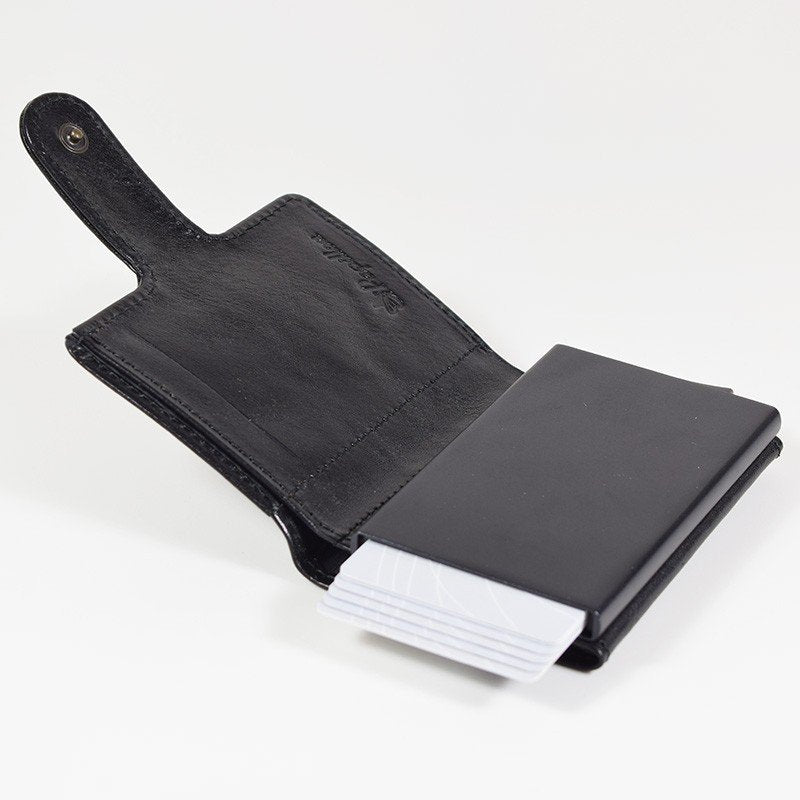 5. Open Papillon Leather Wallet 40-25 in black with cards, highlighting RFID/NFC blocking feature and card slots