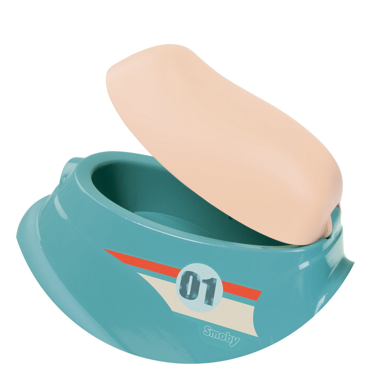 4. Open underseat storage compartment of blue retro ride-on scooter with beige seat