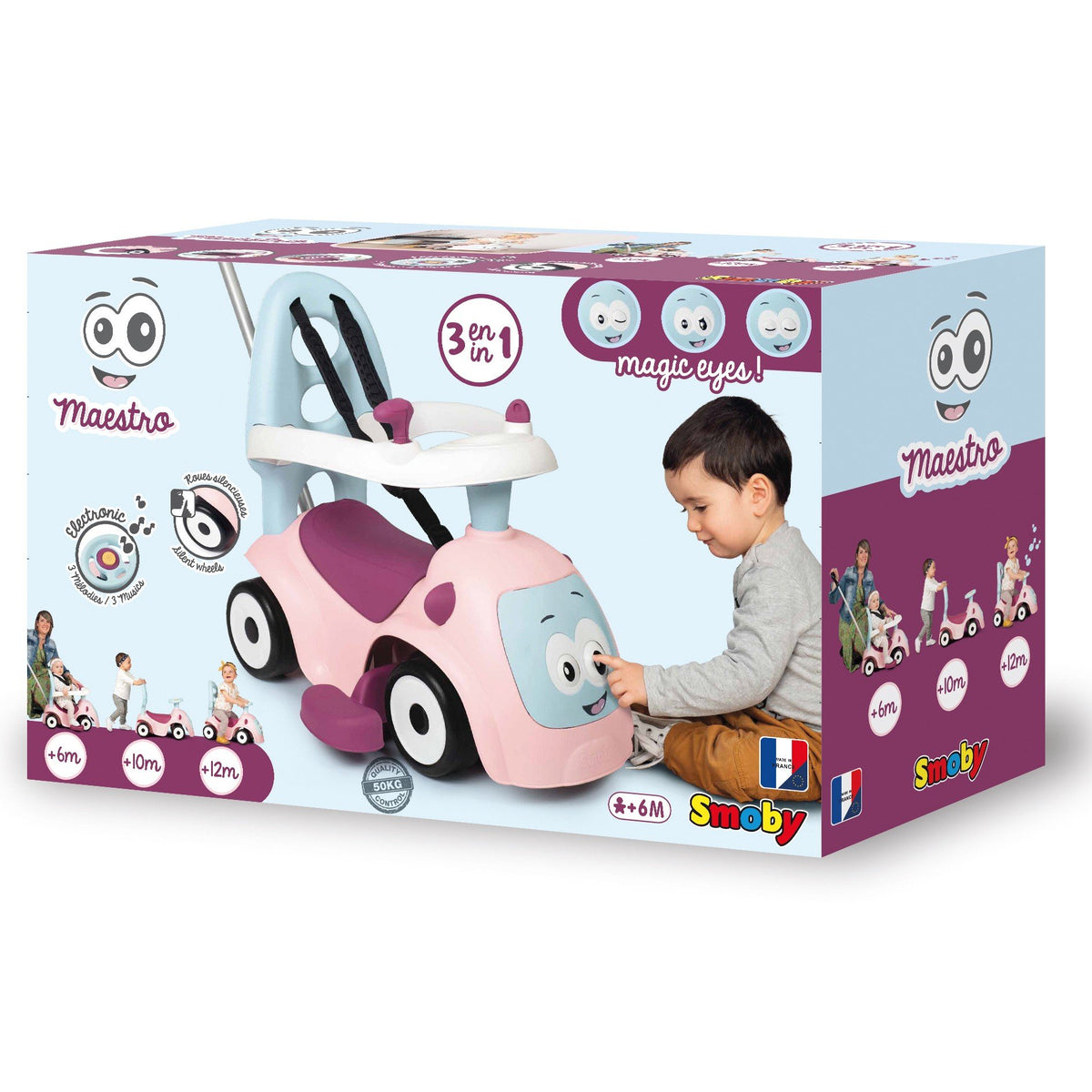 13. Packaging of Smoby Ride-on Maestro 3in1 in pink, showing product features and child playing