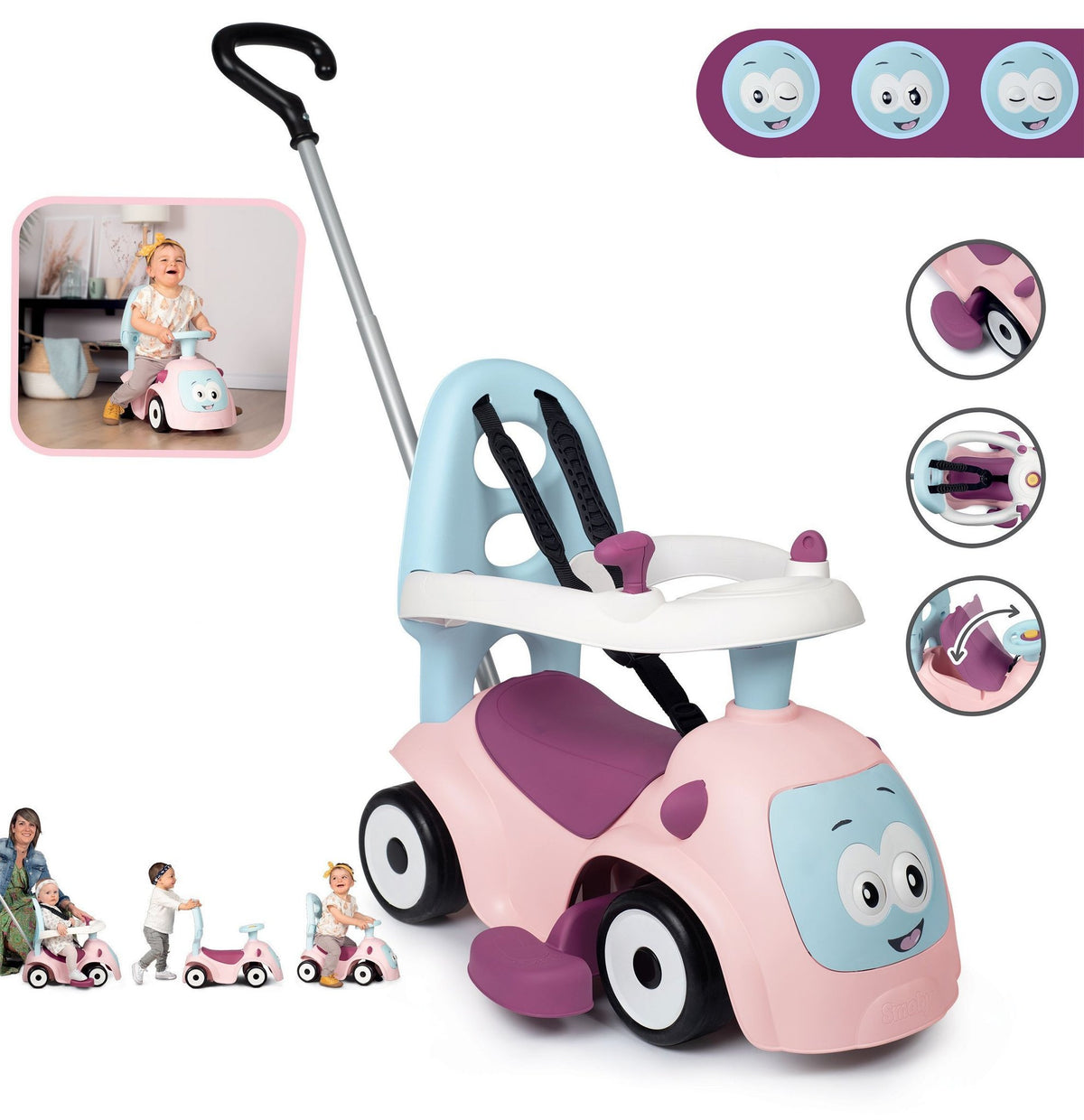 8. Smoby Ride-on Maestro 3in1 in pink with push handle, shown with product features and child images