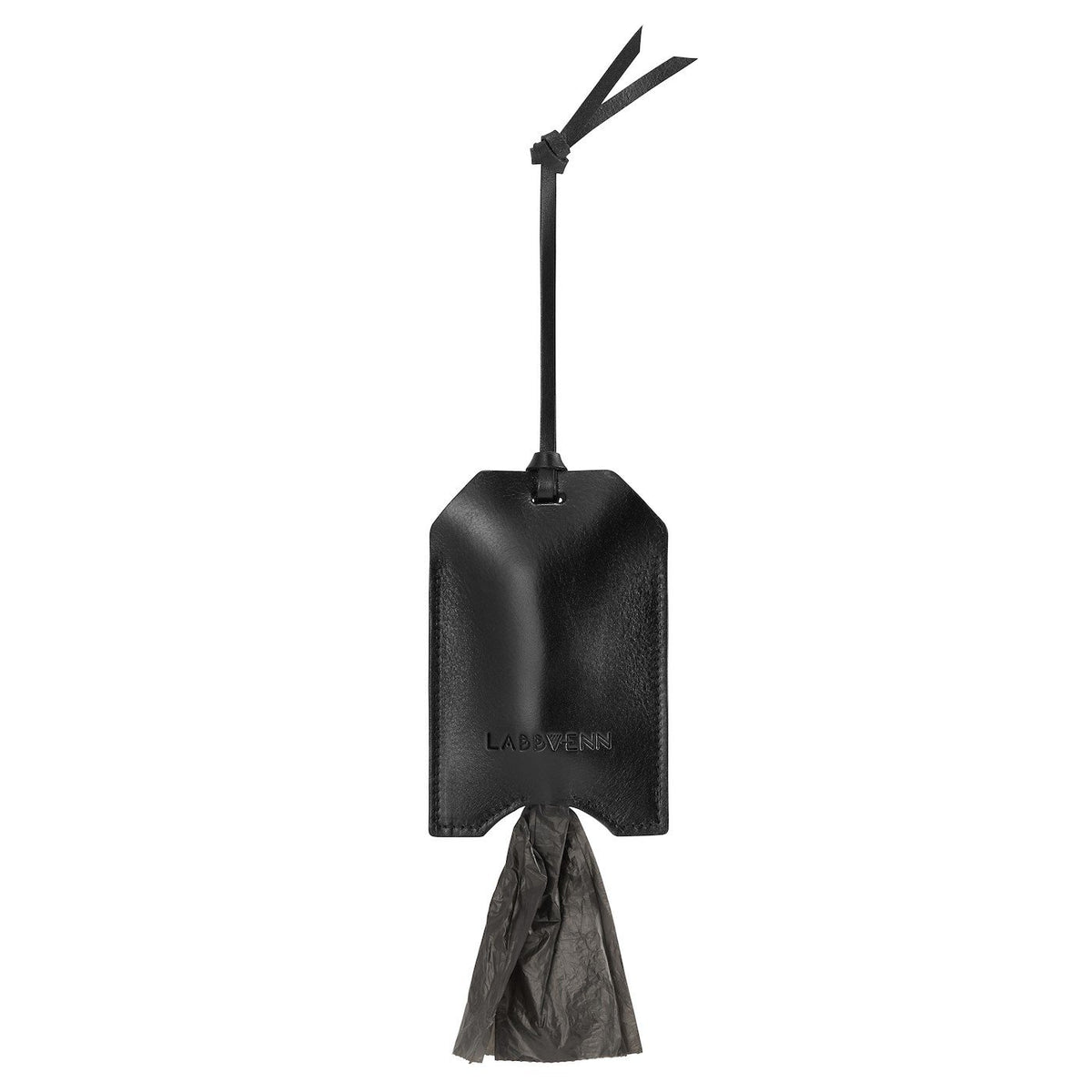 2. Studio shot of black leather Saku bag dispenser by Labbvenn with attached strap and visible bag, highlighting sleek design