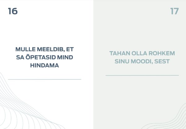 5. SEIK '100 ASJA, MIDA ISA JUURES ARMASTAN' book pages 16 and 17 with appreciation prompts