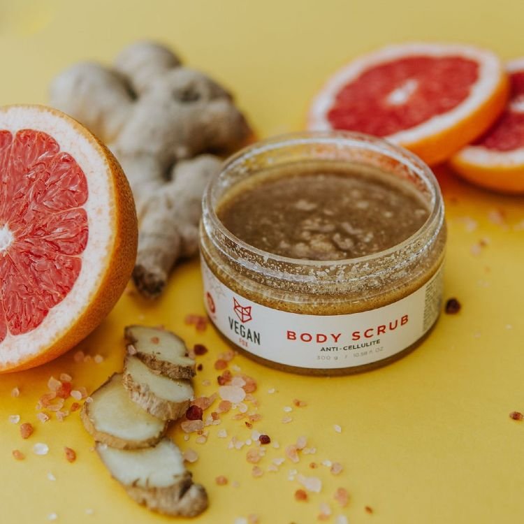 5. Vegan Fox Anti-cellulite Body Scrub Ginger, 300g, with avocado and ginger slices on white background