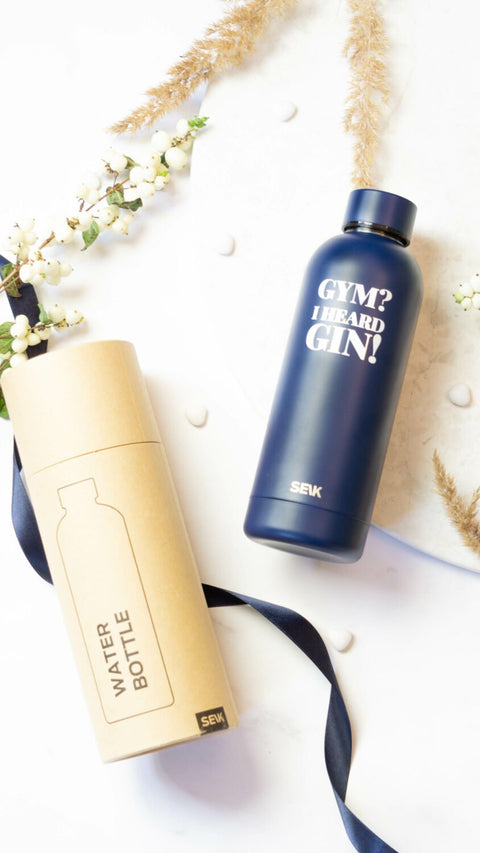 5. SEIK dark blue water bottle with packaging, featuring 'Gym? I Heard Gin!' slogan and eco-friendly design