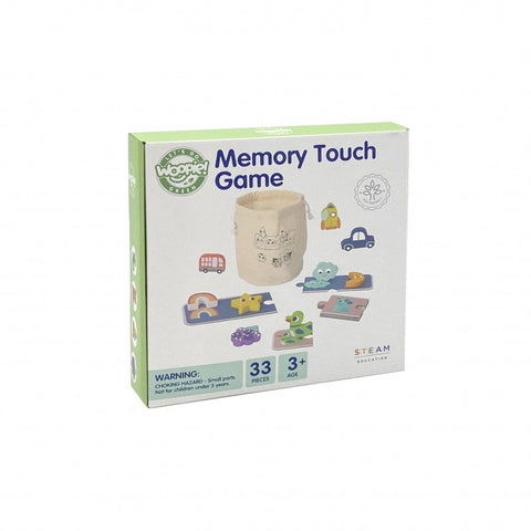 3. Box of Woopie Green Memory Touch Game showing 33-piece set for ages 3 and up with colorful shapes