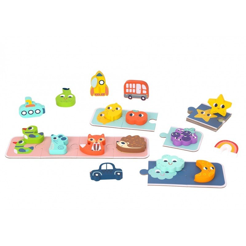 4. Flat lay of Woopie Green sensory puzzle pieces including animal and vehicle shapes on white background