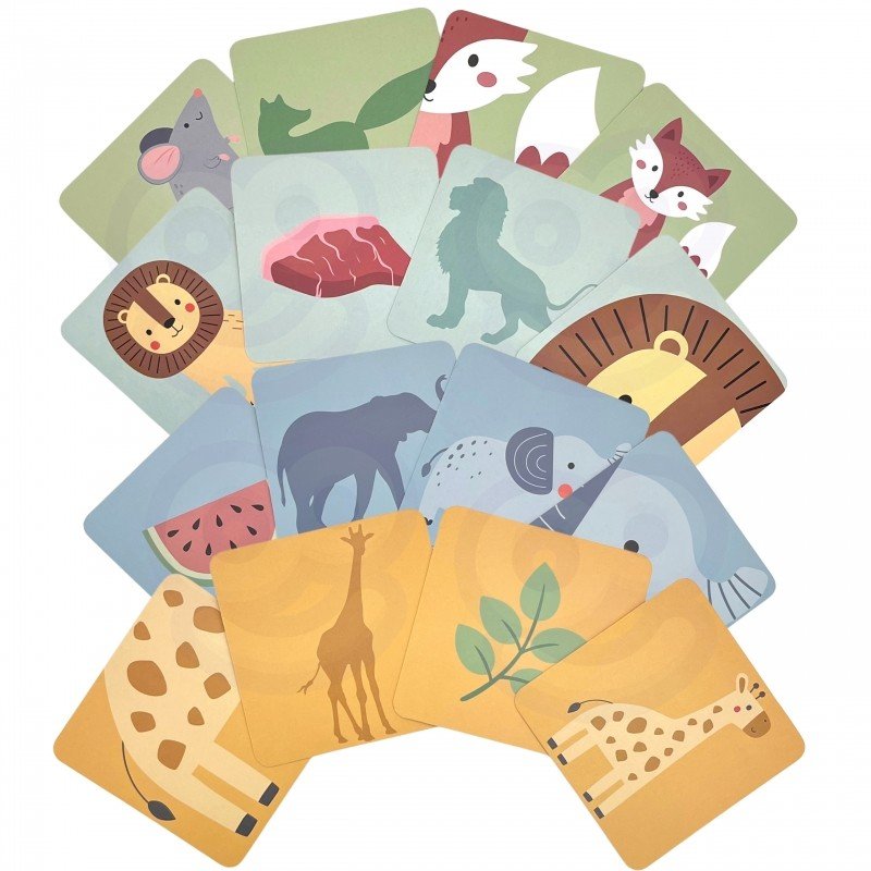 11. Collection of colorful animal cards from Shaky Tower game arranged in a fan shape