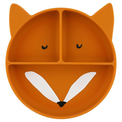 1. Orange fox-shaped silicone divided suction plate with three compartments, featuring a cute fox face design, ideal for kids' meals.
