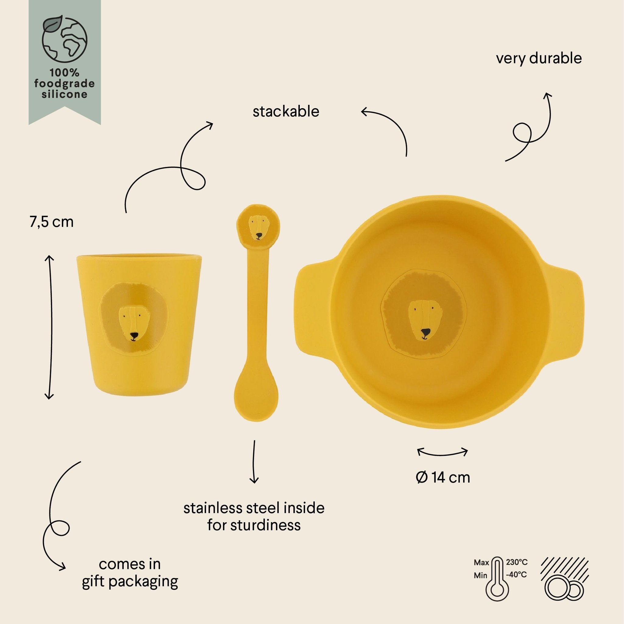 1. Trixie Baby Mr. Lion silicone meal set with cup, spoon, and bowl featuring lion face design, shown with measurements and features on beige background