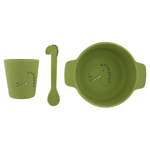 1. Green silicone meal set for kids featuring dinosaur designs, includes cup, spoon, and bowl, on white background