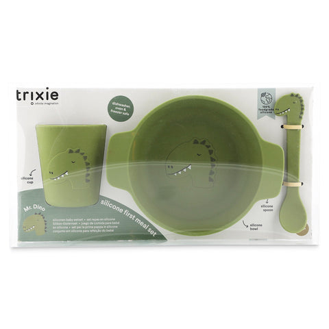 3. Packaged green silicone meal set for kids with dinosaur designs, includes cup, spoon, and bowl, branded Trixie