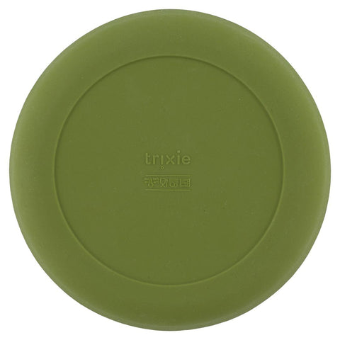 3. Back view of green silicone plate showing Trixie Baby logo and safety symbols