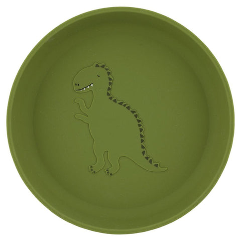 2. Green silicone plate with dinosaur design, high rim for easy scooping, by Trixie Baby
