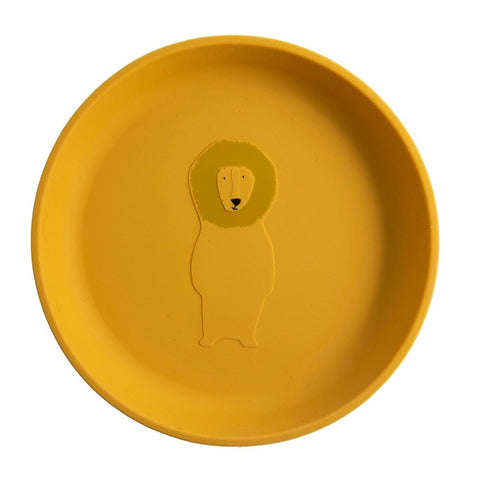 2. Yellow silicone plate with lion illustration in center, high rim design, studio background