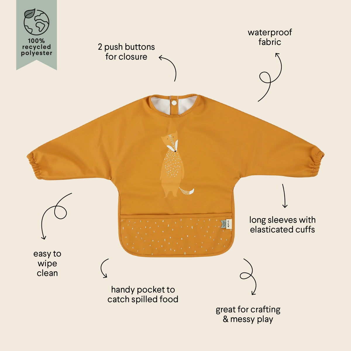4. Diagram of orange Trixie Baby waterproof long sleeve bib with Mr. Fox design highlighting features like waterproof fabric and handy pocket